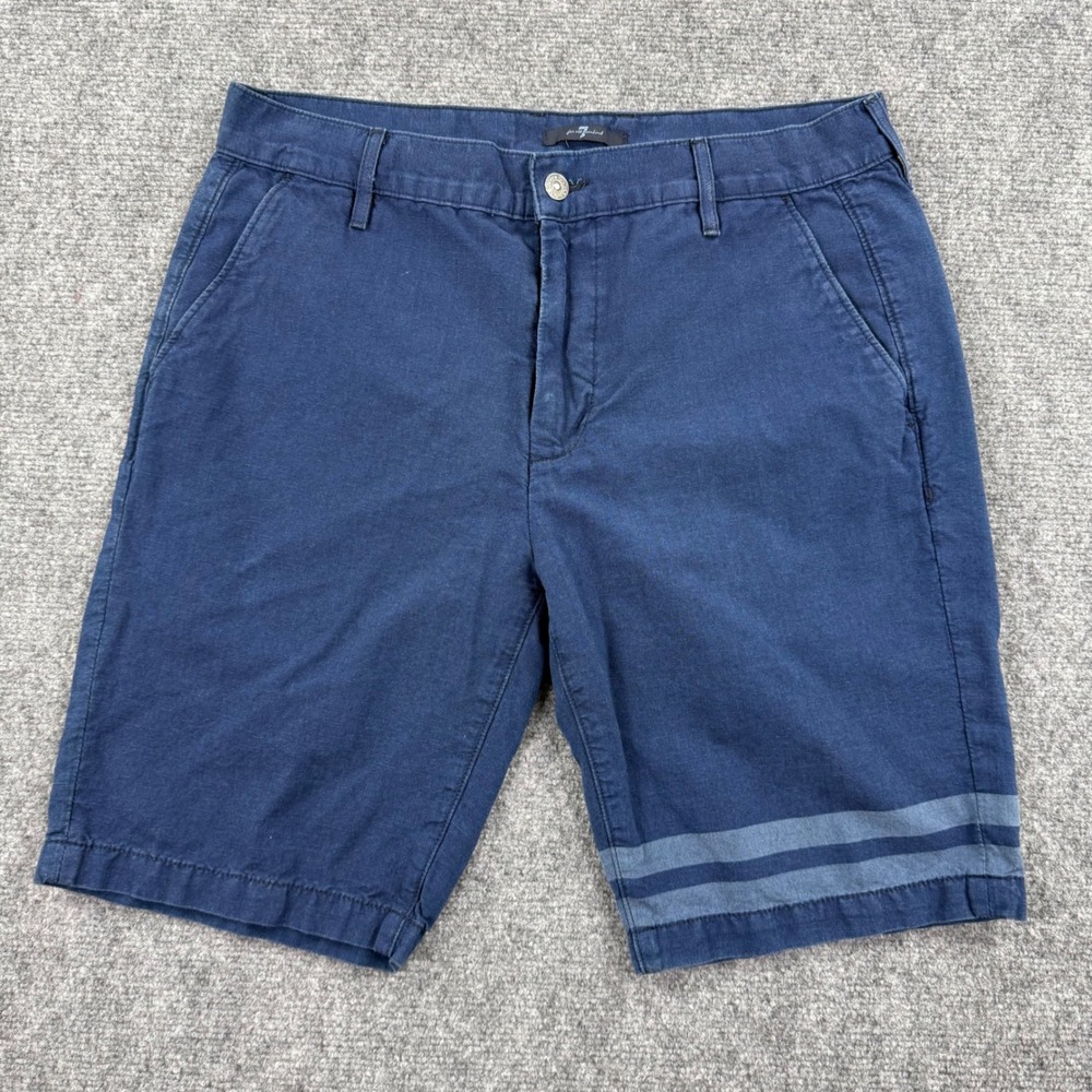 7 For All Mankind Chino Shorts Size 33 Navy Blue Striped Hem Casual Men's